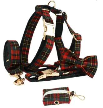 Plaid Christmas Pet Collar with Green Background & Leash